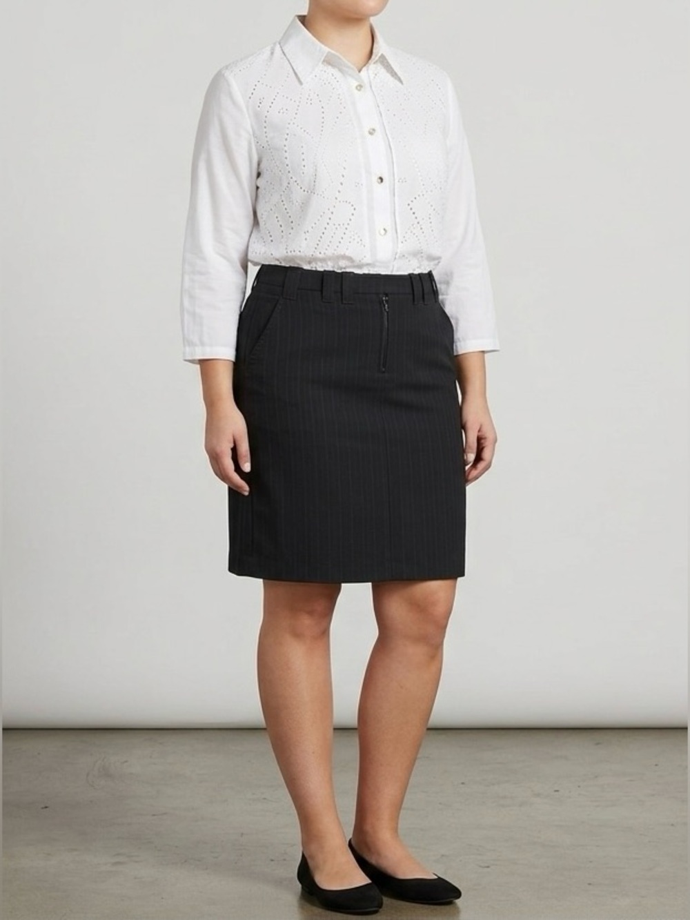 Sandra Angelozzi Pinstripe Pencil Knee Skirt With Pockets size 12/14 or L/XL - Picture 2 of 10